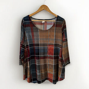 Clientel Plaid Liquid Knit Long Sleeves Size Large Round Neck